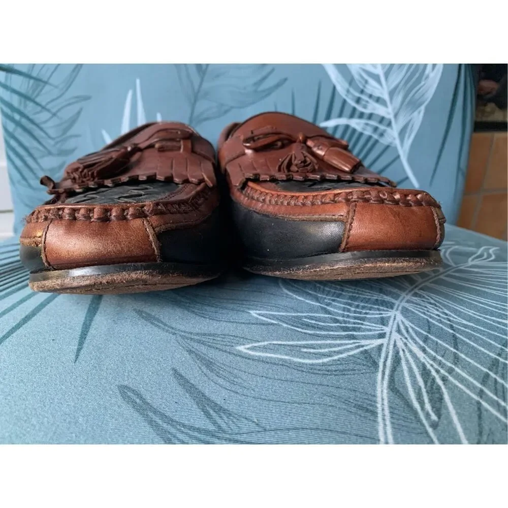 Johnston & Murphy Black Brown woven HALSEY TASSLE Leather Dress Shoes mens 12 WI